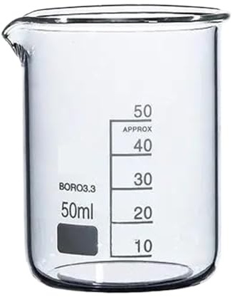Vaso de precipitados de Vidrio de 50 ml con Pico, Vaso de precipitados de borosilicato de Forma Baja, Vaso medidor de Vidrio Espesado para Laboratorio (1 Unidad)