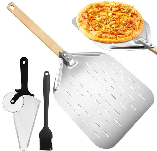 ZOCONE Perforated Pizza Peel 12 Inch Aluminum with a Wooden Handle Practical Pizza Oven Tools Set with Steel Pizza Cutter and Oil Brush for Baking Multifunctional Bread Pie Turning Peel