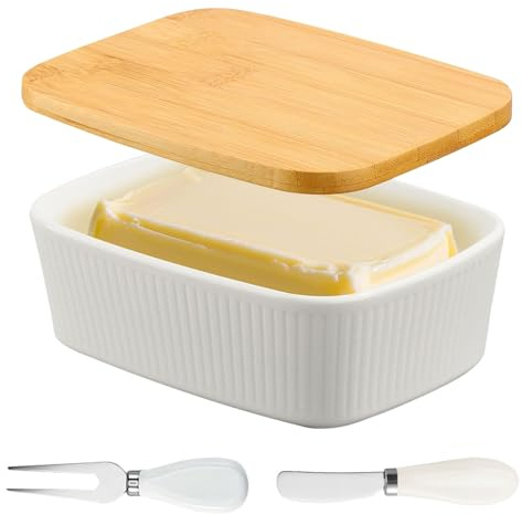 350 ml Large Ceramic Butter Dish with Lid for All Common Butter (250 g) 100% BPA-Free Ceramic Butter Holder, Multifunctional Butter Cans with Butter Knife for Household Kitchen Cheese Nuts