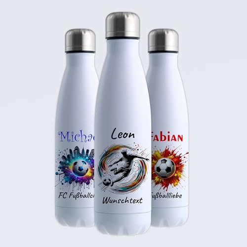 Gravur-Max Trinkflasche Edelstahl 500 ml personalisiert - verschiedene Motive Fußball – doppelwandige Thermosflasche hält 13 h warm & 24 h kalt – BPA-frei & mit Wunschnamen bedruckt – weiß