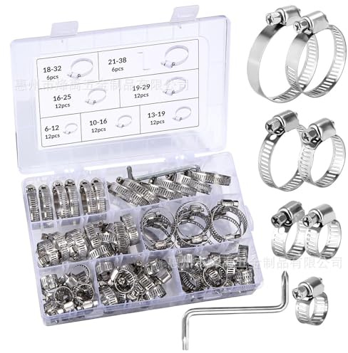Vexnaro 73 Piezas Abrazaderas de Manguera, Acero Inoxidable Surtido de Kit con 7 Tamaños y Destornillador, Ajustables 6-38 mm, para Tubería de Automóvil Gas