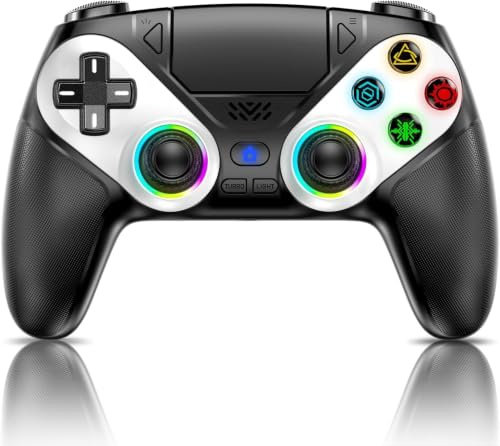 Dinosoo Manette sans fil RGB pour PS5/Pro/Slim/PC, avec palettes arrière, mode Turbo, macro, pavé tactile, suivi de mouvement 6 axes, double vibration et prise audio 3,5 mm