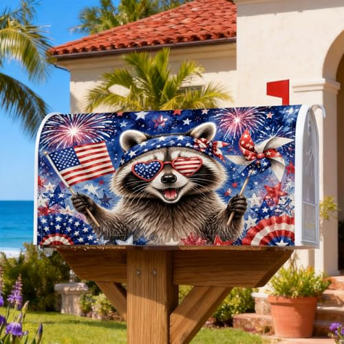 Copertura magnetica per cassetta postale con procione, motivo fuochi d'artificio patriottici, bandiera americana, giorno dell'indipendenza, copertura blu per cassetta delle lettere per decorazione del