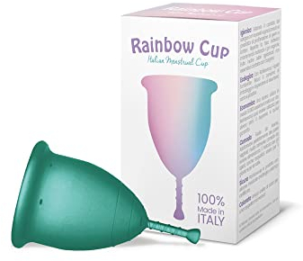 Rainbow Cup, copa menstrual fabricada en Italia con silicona de grado médico, sin látex ni aditivos, cómoda, ecológica, segura, suave, color esmeralda, talla 1