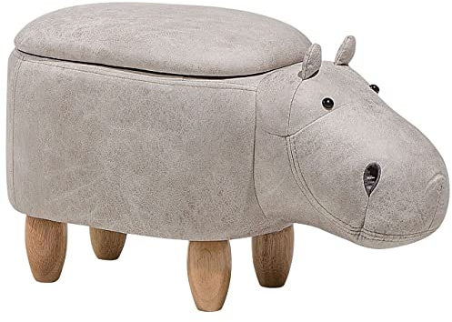 Fröhlicher Tierhocker Lederoptik mit Deckel für Kinder hellgrau Hippo