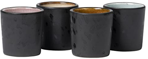 BITZ Eierbecher Schwarz Matt, Hübsches Eierbecher Set aus Steingut, Spülmaschinengeeignet, Durchm. 5,2 cm, Höhe 5 cm, Schwarz Matt (Außenseite) & Bunt Glänzend (Innenseite), 4er-Set