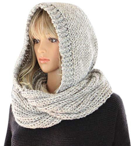 MEIBAOGE Damen Winter Strick Kapuze Infinity Schal Winddicht Wrap Ohrenklappen Halswärmer, Hoodie - Hellgrau