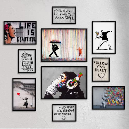 Giallobus - Set mit 10 Wandpostern - Banksy - Banksy-Sammlung 1 - Beschichtetes Papier - | 2 x A3 42x30cm | 4 x A4 30x21cm | 4 x A5 21x15cm | - OHNE RAHMEN - Moderne Gemälde Wohnzimmer