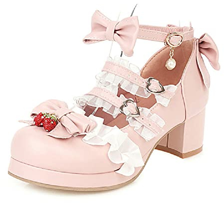 Ulalaza Zapatos Mary Jane de tacón Alto para Mujer, Zapatos de Vestir Bonitos de Fresa con Lazo de Encaje Festivo para Fiesta Dulce