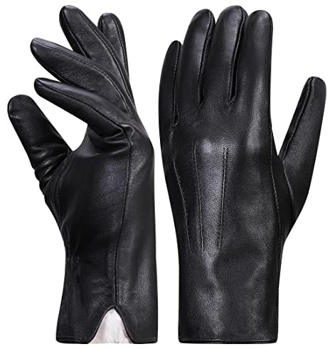 Harssidanzar Leather Gloves for Womens,Winter Rabbit Fur Lined Soft Genuine Leather Gloves KL027,Black, Size L