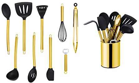 ECHTWERK Küchenuntensilien,10-teiliges Küchenhelfer-Set,Küchenzubehör,Kochbesteck mit Edelstahlgriff,Kochset Utensilienhalter,Kochzubehör,Antihaft Silikon Haushaltshelfer,Gold-Edition