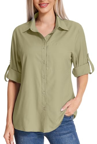 Chemises de randonnée à manches longues pour femme avec protection solaire légère, séchage rapide, idéales pour la savane, les voyages, la pêche, chemise cargo, L