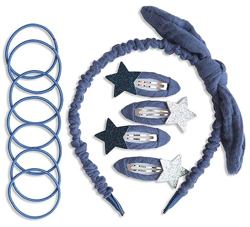 Papierdrachen Besonderes Haar Accessoires Set mit Haarreif, Glitzer-Haarspangen, Haargummis kombiniert mit hochwertigem Musselin Stoff - dunkelblau - für Mädchen und Damen
