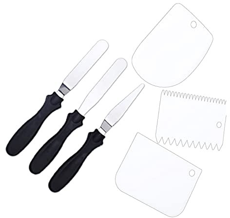 CHAMEEN Set of 6 Spatula Set Including 3 Stainless Steel Angled Palette and 3 Icing Smoother for Spreading Baking Cream Cake and Cake Decorating Black