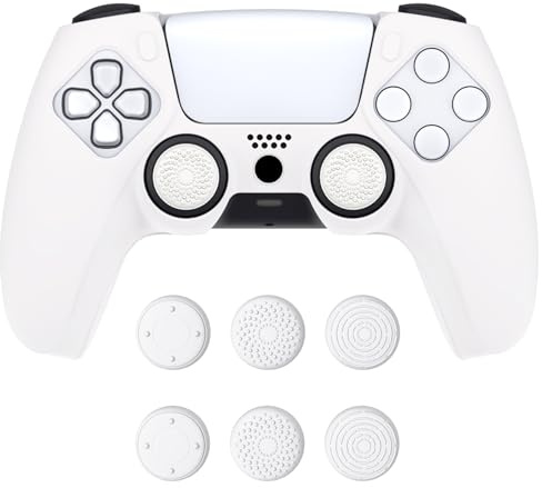 playvital Funda de Silicona para ps5 Mando | Compatible con Base de Carga, Agarre Antideslizante, Tacto Suave, 6 Tapas para Pulgar, Grip Mejorado, Pure Series, Blanco