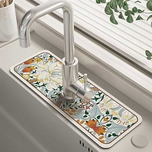 2PCS Fantasy Style Faucet Draining Mat, Faucet Draining Mat for Kitchen Sink, Self Absorbent Draining Mat for Kitchen Counter, Faucet Splash Catcher for Bathroom & Kitchen (A)