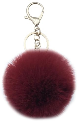 Xsclpomddy Pom Pom Schlüsselbund künstliche weiche Kaninchenhaar Taschenanhänger Ball Schlüsselanhänger für Handtasche Auto Anhänger Dekoration,wine red