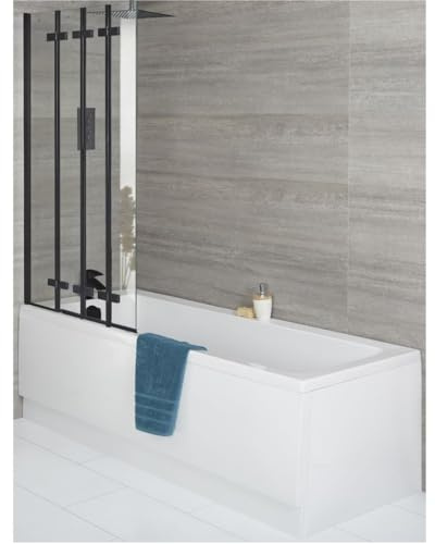 MILANO 1700x750mm Single Ended Bath Folding Black Screen Panels Waste Trap | Acrylic & Toughened Glass Construction. Generous Bathing Capacity. Aluminium Profile. Contemporary Style. Adjustable Feet.