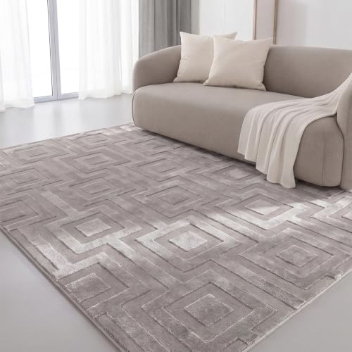 Interiyou Teppich Wohnzimmer Cannes - 120x170 cm Grau - Für Schlafzimmer, Esszimmer, Kinderzimmer - Kurzflorteppich skandinavisches Boho Muster - Hoch-Tief Effekt - Flach mit Geometrischem Muster