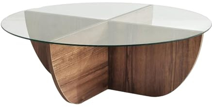 Menzzo Table Basse Design Sunac D90cm Verre Transparent et Bois foncé