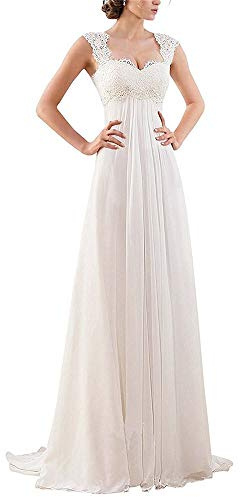Vestido de Novia Mujer Gran Cuello Redondo Vestido de Encaje sin Mangas Vestido de Medio Cuerpo Vestido Clásico Vestido de Novia de Chifón Vestido de Noche de Novia, LNNLSS, Blanco, US12