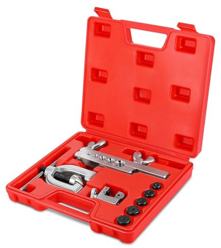 Flexzion Brake Line Flaring Tool Kit with Tubing Cutter & Case, 45° Single & Double Flare Tool for Brake Lines, Copper, Aluminum, Brass, Magnesium & Soft Steel, 5 Adapters for 1/8–5/8 Tubing
