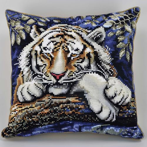 RKFLGEW Knüpfkissen-Set，Weißer Tiger，Tier-Kissen，Knüpfkissen-Set，Fantasielandschaft，Diy-Kissenbezug，Häkelgarn，Nadelarbeit，Handgefertigtes Kissen Für Die Sofadekoration Zu Hause 43x43cm