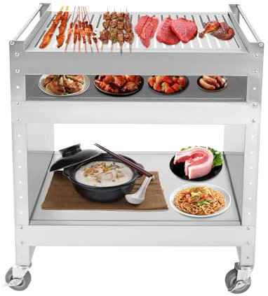 Susoso Edelstahl Grill Grillwagen, Universal BBQ-Tisch Tischgrill Mobil Lebensmittelzubereitungswagen mit 4 * Universal-Räder für Familientreffen 59 * 40.5 * 82cm Silber
