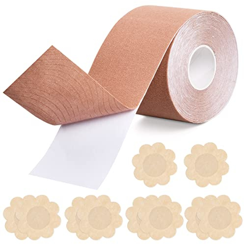 Rapidbok 1 Rollo Sujetador Cinta Adhesiva Pecho Push Up Invisible Cinta De Senos Cinta Adhesiva de Pecho Pétalos de Pezón Cubierta 5 Pares Pezoneras Adhesivas Invisibles para Copa A-E