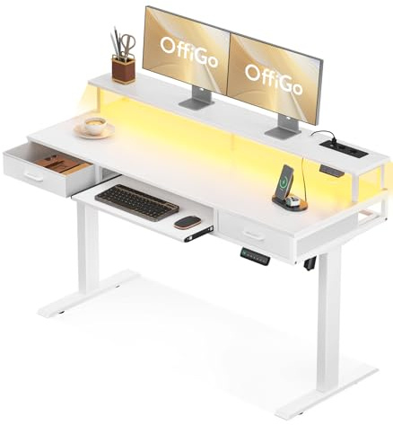OffiGo Bureau Assis Debout avec 2 Tiroirs, Bureau Electrique 140cm, Blanc