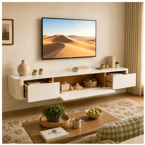 KSYGINXD Schwebende TV Schrank 160cm Weiß, Modern TV Lowboard Hängend, TV Board Hängend mit 2 Schubladen 1 Klappen Türen & Kabelmanagement, für Wohnzimmer und Esszimmer