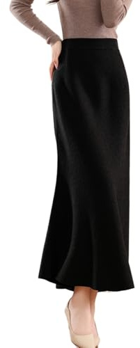 Ailaile Long Skirt Women's Autumn Winter 100% Merino Wool Thick Knit Skirt Ribbed Elastic Pleated Fishtail Skirts Black