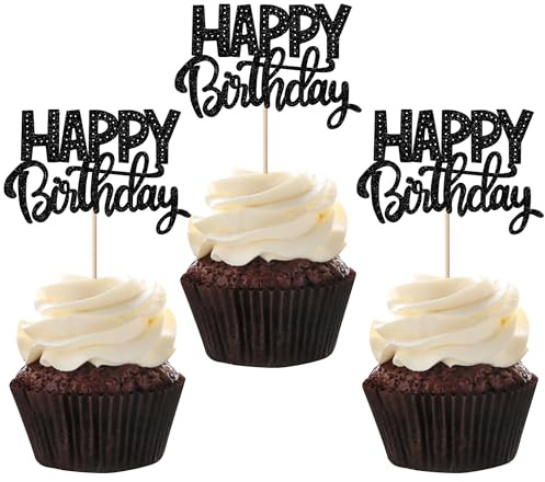Xsstarmi 24 Pack Happy Birthday Cupcake Toppers Glitter Celebrating Birthday Cupcake Picks for Baby Shower Boys Girls Kids Birthday Theme Party Cake Decorations Supplies Black