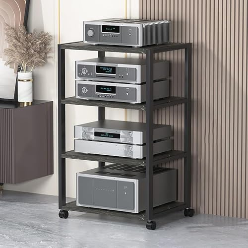 HiFi Rack HiFi Aperto Multifunzione Per Soggiorno Ufficio, Mobile Stereo Hi Fi Rack Hifi Av Media Stand A 2/3/4/5 Livelli, Rack Audio Mobile Con Ruote Universali, For Giradischi, For Soggiorno(Black,H