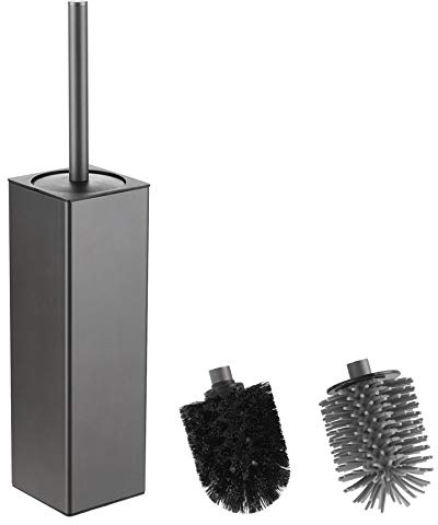 BGL Toalettborste och hållare grå, silikon toalettborsthållare 2 borsthuvuden, aluminium fyrkantig Loo borste för badrumsrengöring, toalettborstar