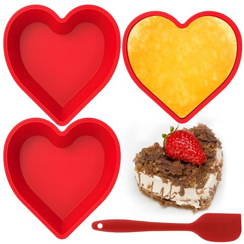 3 Pcs Silicone Heart Shaped Cake Tin, 10 Inch/27CM Love Heart Cake Tin Heart BPA Free Heart Cake Mould, Nonstick & Reusable Red Heart Baking Pan with Scraper for Muffin Cake Cheesecake Chiffon Pudding
