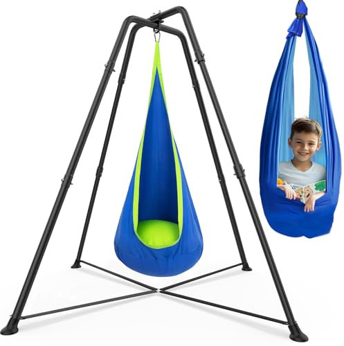 Swing Stand Frame with Sensory Pod Swings and Chair, Sensory Swing Set, X-Shaped Swing Frame, Heavy-Duty Metal Hammock Chair Stand for Adults Indoor and Outdoor 330LBS(Blue)