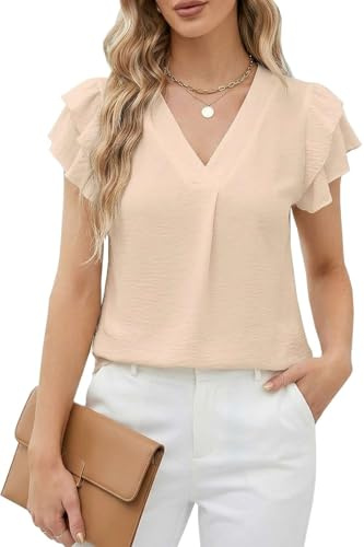 Teesho Damblus kortärmad elegant skjortblus sommartoppar volanger ståkrage arbete tunika skjorta toppar volang ärmar skjortor, A1-aprik, M