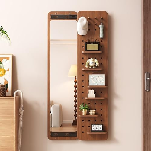 XRRJFYH Pegboard Bois avec Miroir Pleine Longueur Invisible, Panneau Perforé Mural avec Accessoires Rangement Mural Organisateur Mural pour la Maison(Brown,150x30cm/59x12in)