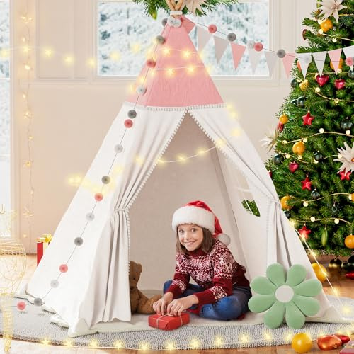 Tipi Tienda de campaña para niños, con Manta Acolchada, Cadena de Luces, Bolsa de Transporte, Tienda de campaña para niños, Estilo Montessori (Rosa)