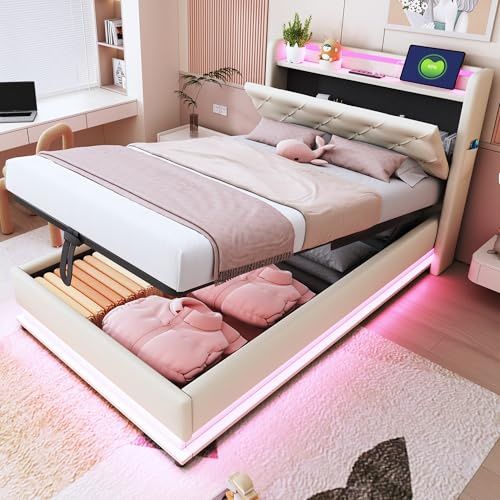 Gegtuon Kinderbett Einzelbett Polsterbett 90x200 mit LED-Licht & USB-Buchse, Bett Hydraulisch Stauraumbett mit Stauraum Kopfteil, Jugendbett Bettgestell mit Lattenrost, ohne Matratze, Leinen (Beige)