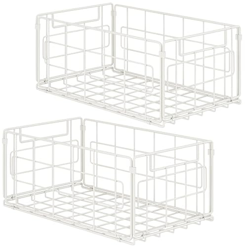 Lot de 2 paniers de rangement en fil métallique, 35,1 cm grands paniers organisateurs pliables polyvalents en acier avec poignée pour armoires de cuisine, garde-manger, congélateur, salle de bain