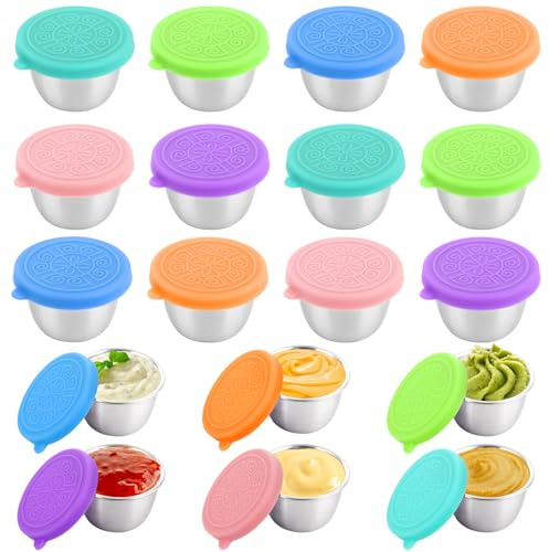 WOPPLXY 12 macetas para aderezo de ensalada, ollas de salsa de 2.7 onzas con tapas de silicona, recipientes pequeños de acero inoxidable para especias con tapas, mini olla de inmersión