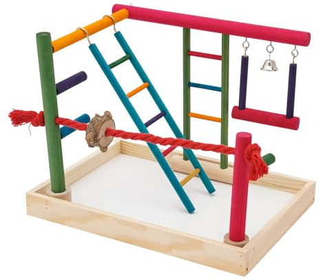 MooBeey Vogelspielplatz Papageien Spielplatz aus Massivholz und Hanfseil, Vogel Spielständer Hängende Spielzeug mit Leiter, Schaukel, Vogelständer Papageien-Spielständer Wellensittich Spielplatz
