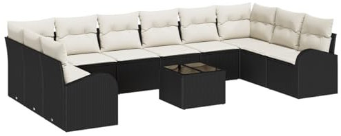 vidaXL Garten-Sofa-Set 11 pcs Schwarz Poly Rattan, Garten und Terrasse, modernes Outdoor-Möbel Set, rechteckige Lounge, Sitzgelegenheiten für Patio, Gartensofa
