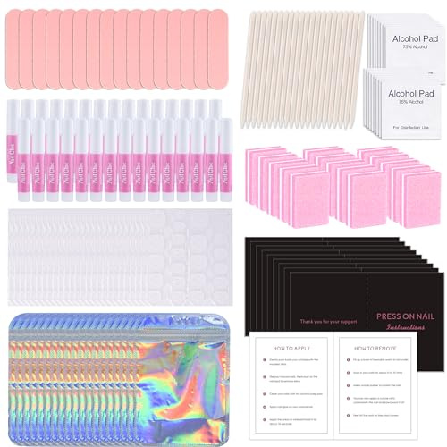 50 Set Nagelstudio Vorbereitungskit, Wegwerf Maniküre Set mit Nagelfeile, Polierblock, Nagelkleber, Reinigungstuch, Anleitungskarte, Klebepads für künstliche Nägel, Holzstäbchen (rosa)