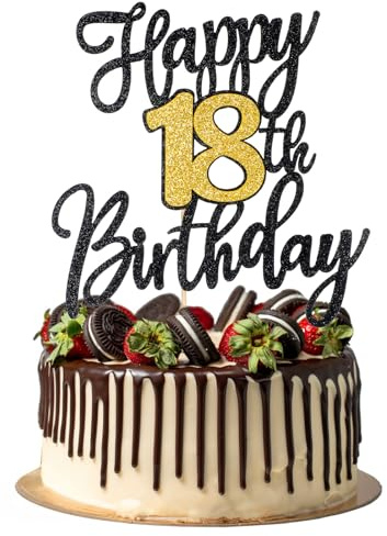 18th Happy birthday Cake Topper 18th Birthday Decorations Black Gold Glitter Happy Birthdays Decorations Cheers to 18 Years Birthdays Cakes Topper Cake Gift Plugin Anniversary Party Cakes Supplies