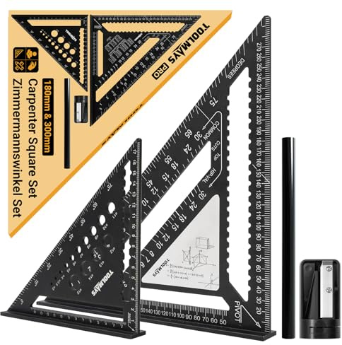 TOOLMAYS Squadra da falegname Set 180mm & 300mm, goniometro di precisione con zona per appunti cancellabile, squadre in alluminio da 45 e 90 gradi per disegnare, misurare e controllare con precisione