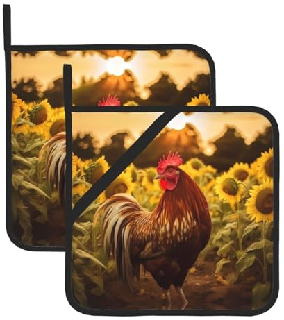HHGFASD Presine quadrate resistenti al calore con motivo gallo e girasoli (set di due) 20,3 x 20,3 cm: tessuti di qualità, antiscottatura e facili da pulire