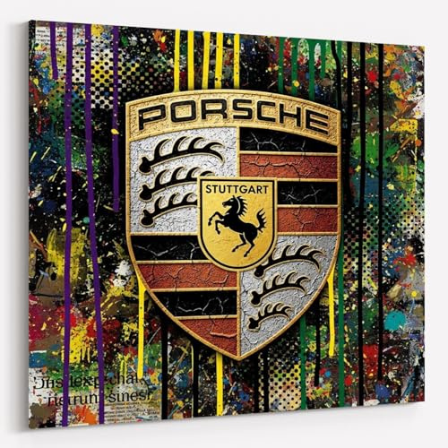 Dekomundo Ikonische Sportwagen Marken Leinwandbild für Garage, Männerhöhle, Wohnzimmer, Büro | Deko für Autofans | Exklusive Wandbilder, Pop Art Porsche, 80x80 cm